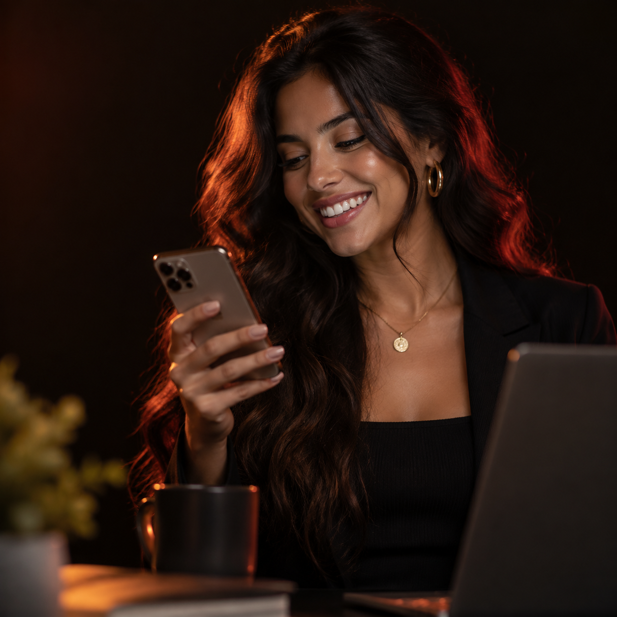Emprendedora joven sonriendo mientras revisa los resultados de su negocio en su smartphone