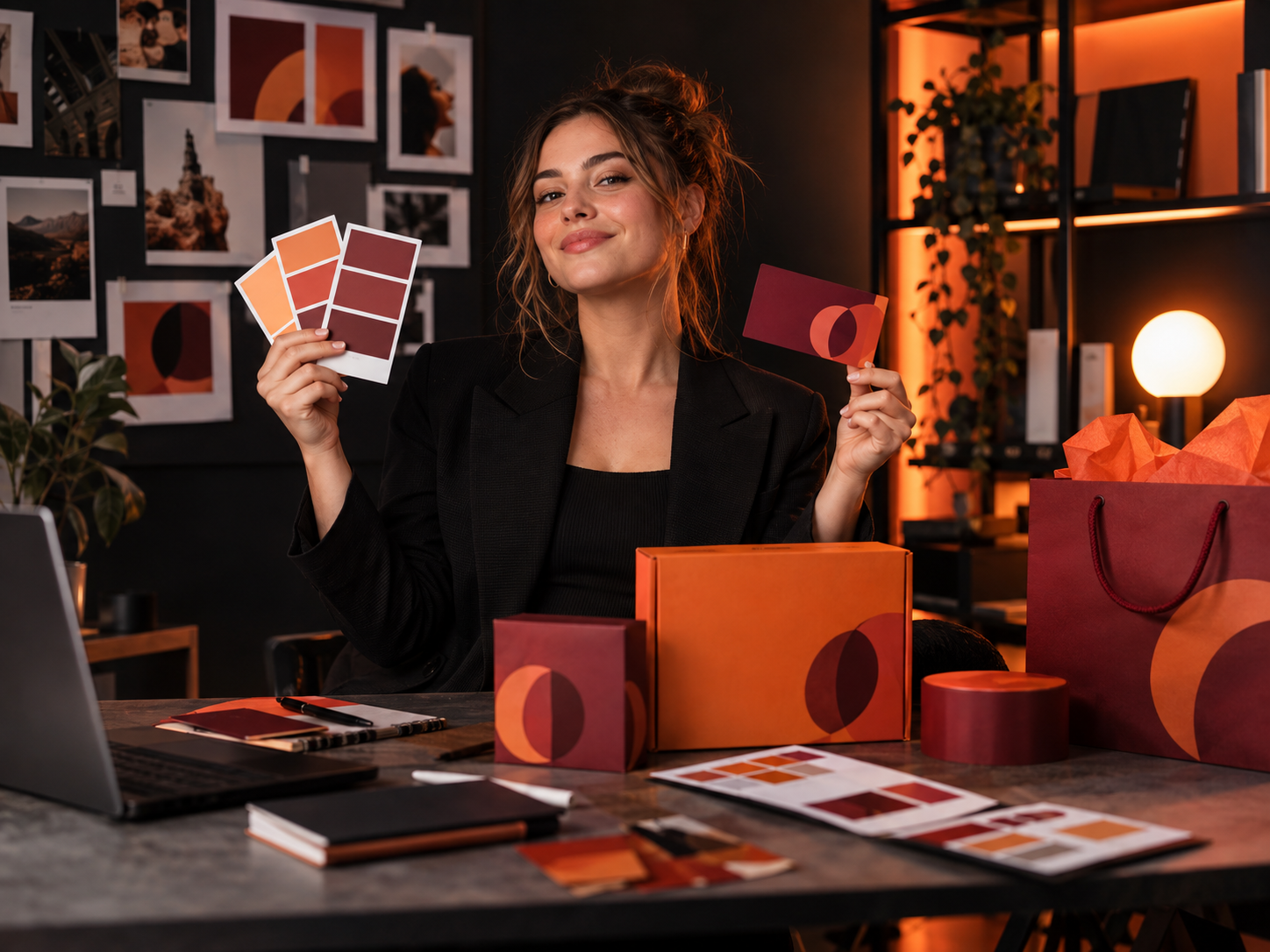 Emprendedora orgullosa mostrando los materiales de identidad visual de su marca